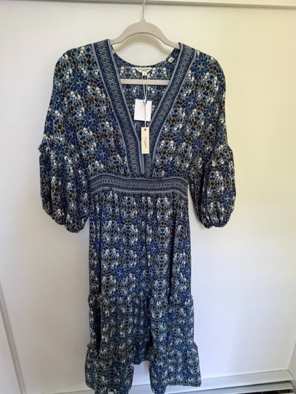 Max Studio Patterned Boho Blue Floral Smocked Midi Dress